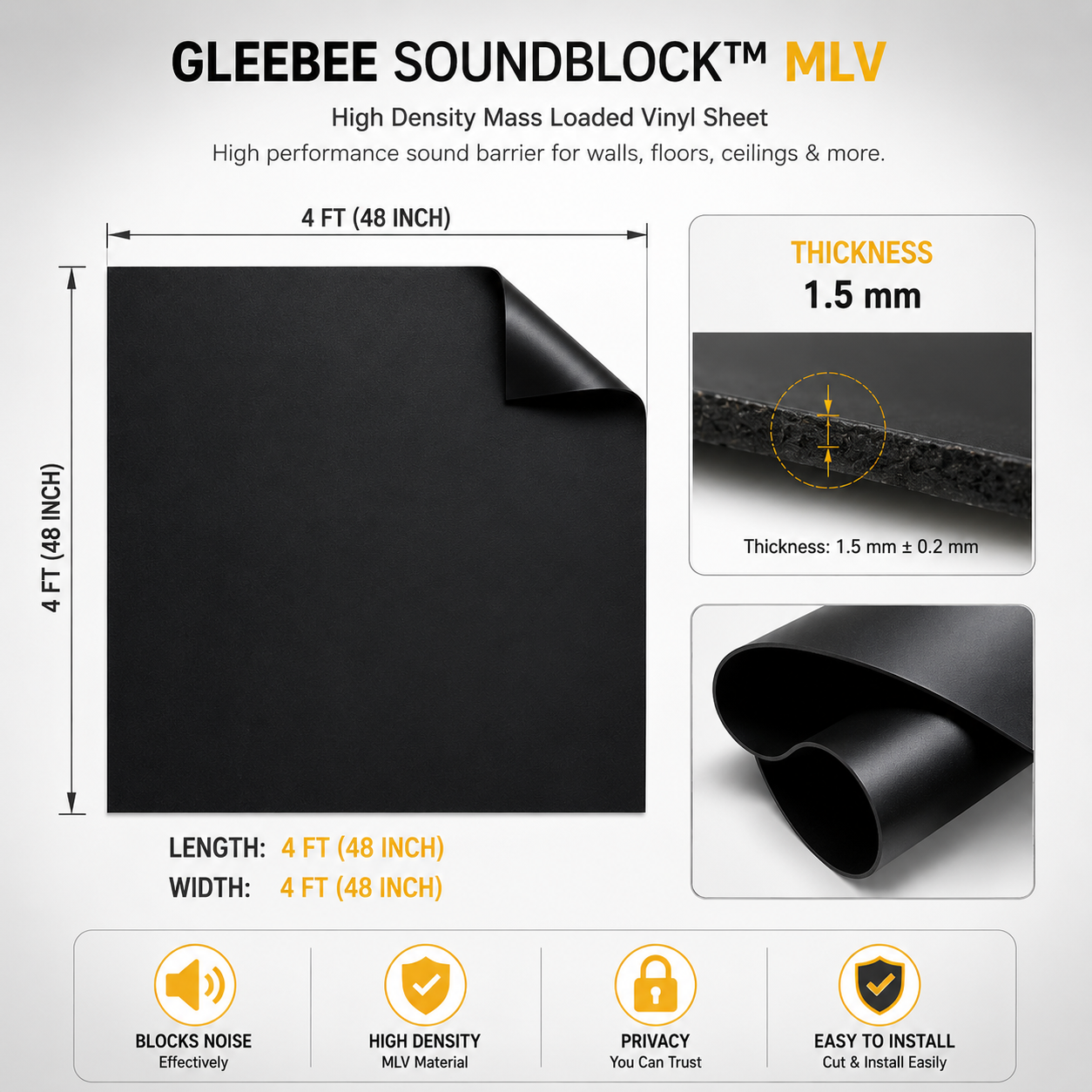 SoundBlock MLV Soundproof Sheet | High Density Noise Reduction Barrier | For Walls, Ceilings, Floors & Cars | 4 ft × 4 ft | 1.5 mm Thickness