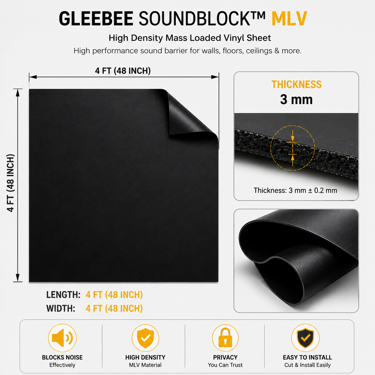 SoundBlock MLV Soundproof Sheet | High Density Noise Reduction Barrier | For Walls, Ceilings, Floors & Cars | 4 ft × 4 ft | 3 mm Thickness