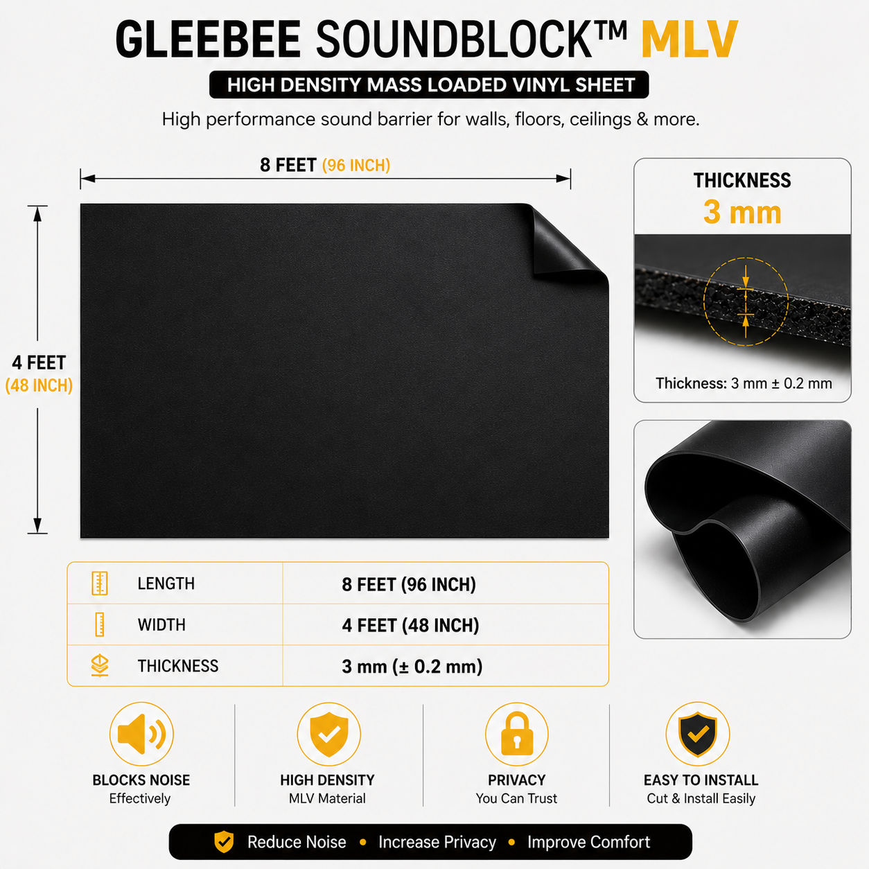 SoundBlock MLV Soundproof Sheet | High Density Noise Reduction Barrier | For Walls, Ceilings, Floors & Cars | 8 ft × 4 ft | 3 mm Thickness