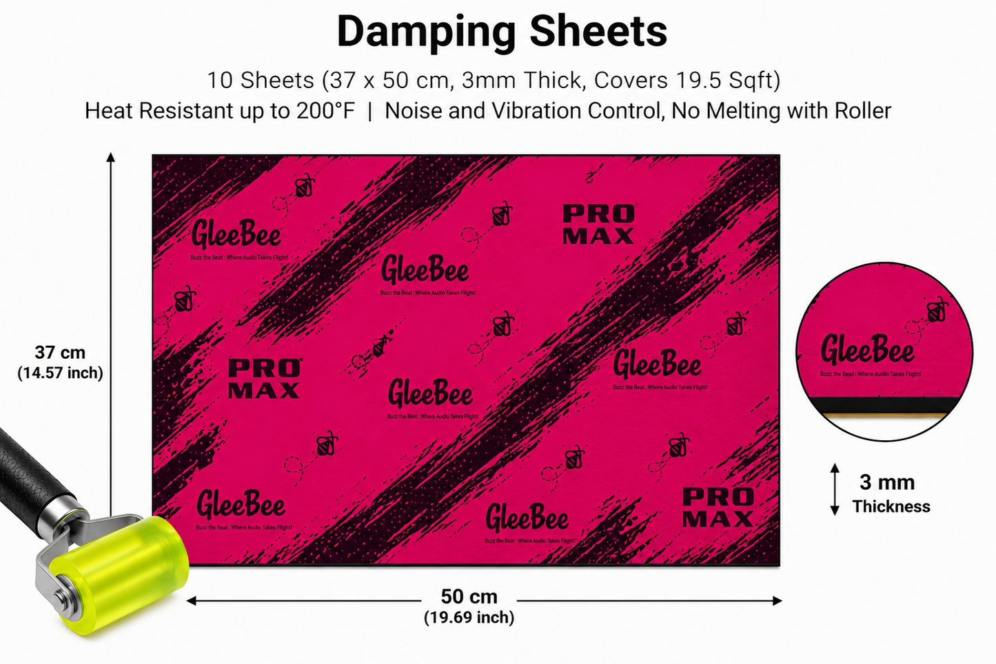 Gleebee Pro Max Premium Car Sound Damping Sheets – 10 Sheets (37 × 50 cm), 3.0 mm Thick, Covers 19.5 Sqft | Maximum Noise & Vibration Control | Heat Resistant up to 200°F | No Melting | Includes Installation Roller