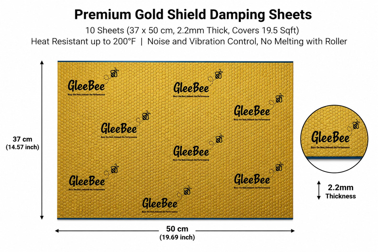 Gleebee Pro Premium Car Sound Damping Sheets – 10 Sheets (37 × 50 cm), 2.2 mm Thick, Covers 19.5 Sqft | Heat Resistant up to 200°F | Noise & Vibration Control | No Melting | Includes Installation Roller