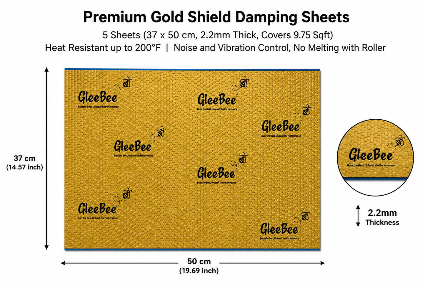 Gleebee Pro Premium Car Sound Damping Sheets – 5 Sheets (37 × 50 cm), 2.2 mm Thick, Covers 10.09 Sqft | Heat Resistant up to 200°F | Noise & Vibration Control | No Melting |