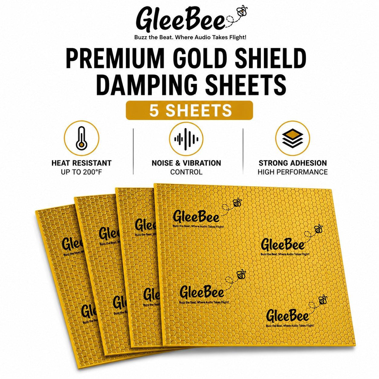Gleebee Pro Premium Car Sound Damping Sheets – 5 Sheets (37 × 50 cm), 2.2 mm Thick, Covers 10.09 Sqft | Heat Resistant up to 200°F | Noise & Vibration Control | No Melting |