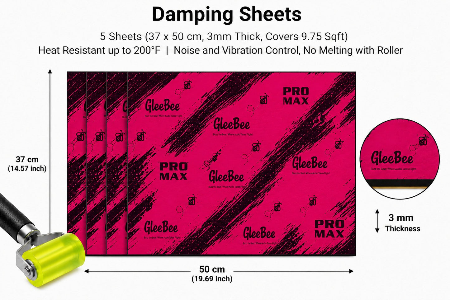 Gleebee Pro Max Premium Car Sound Damping Sheets – 5 Sheets (37 × 50 cm), 3.0 mm Thick, Covers 10.09 Sqft | Maximum Noise & Vibration Control | Heat Resistant up to 200°F | No Melting |